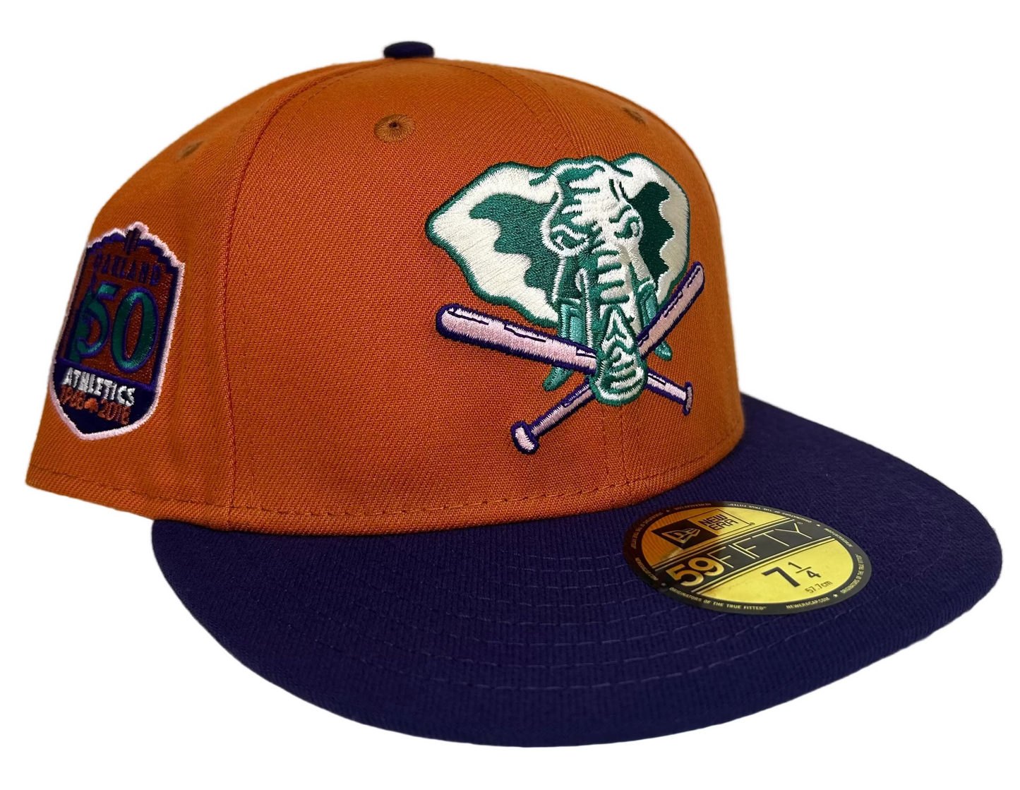 New Era Cactus Fruit Oakland Athletics 50th Anniversary Patch Stomper Hat features a burnt orange crown, a purple brim, a green under-visor, and a 50th-anniversary patch.