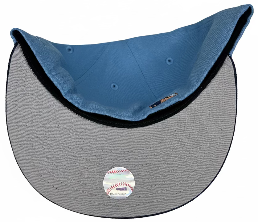 New Era Brooklyn Dodgers 59FIFTY fitted hat with a sky blue crown, navy visor, and copper embroidered logo.