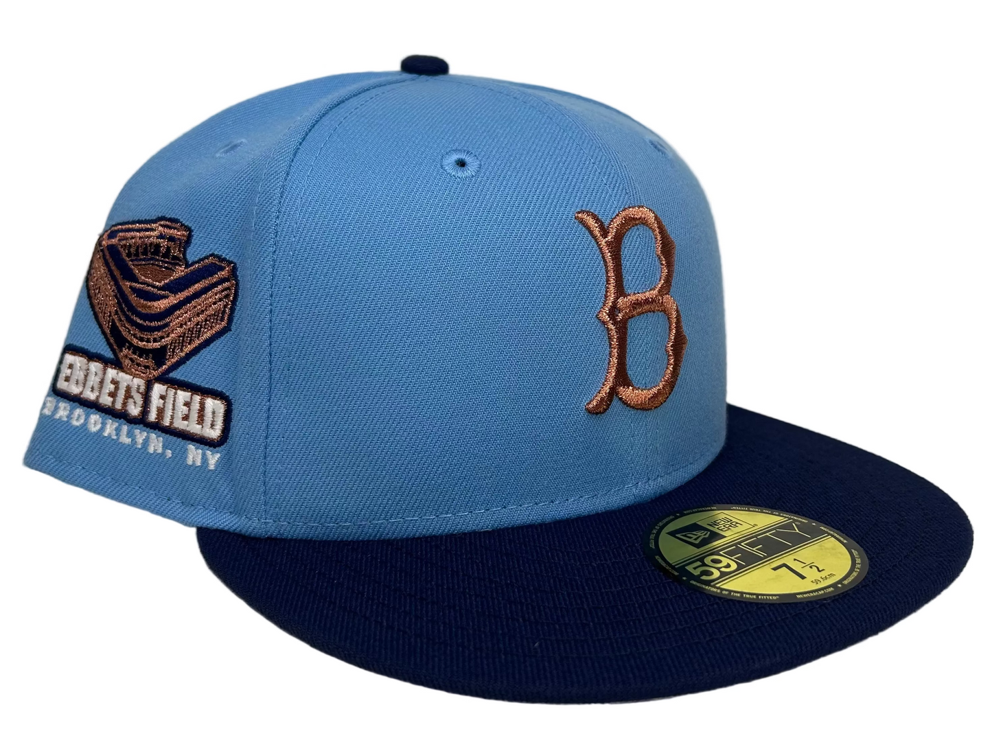 New Era Brooklyn Dodgers 59FIFTY fitted hat with a sky blue crown, navy visor, and copper embroidered logo.