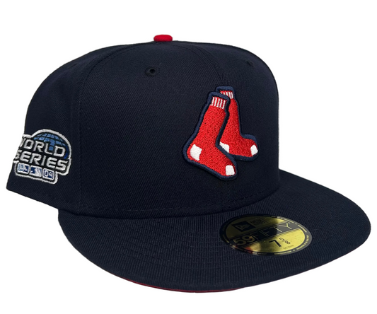 New Era Boston Red Sox 2004 World Series 59FIFTY fitted hat in navy blue with a side patch & Red UV.
