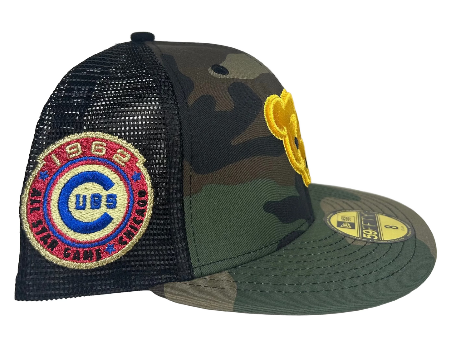 Chicago Cubs "Can't See Me" trucker fitted hat, a custom design featuring a camouflage pattern and a yellow bear logo.