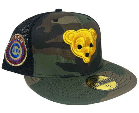 Chicago Cubs "Can't See Me" trucker fitted hat, a custom design featuring a camouflage pattern and a yellow bear logo.