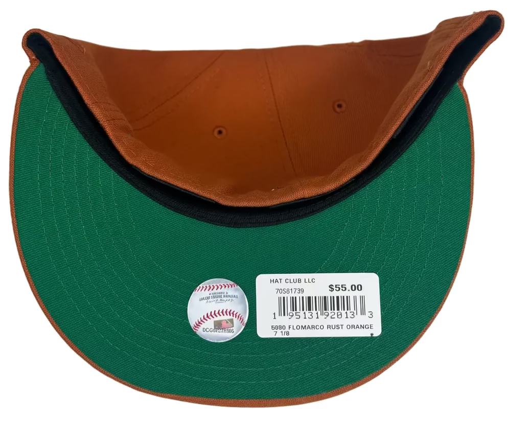 New Era Campfire Miami Marlins 1997 World Series Patch Fitted Hat in burnt orange.