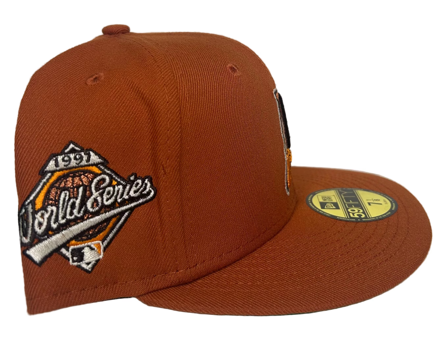 New Era Campfire Miami Marlins 1997 World Series Patch Fitted Hat in burnt orange.