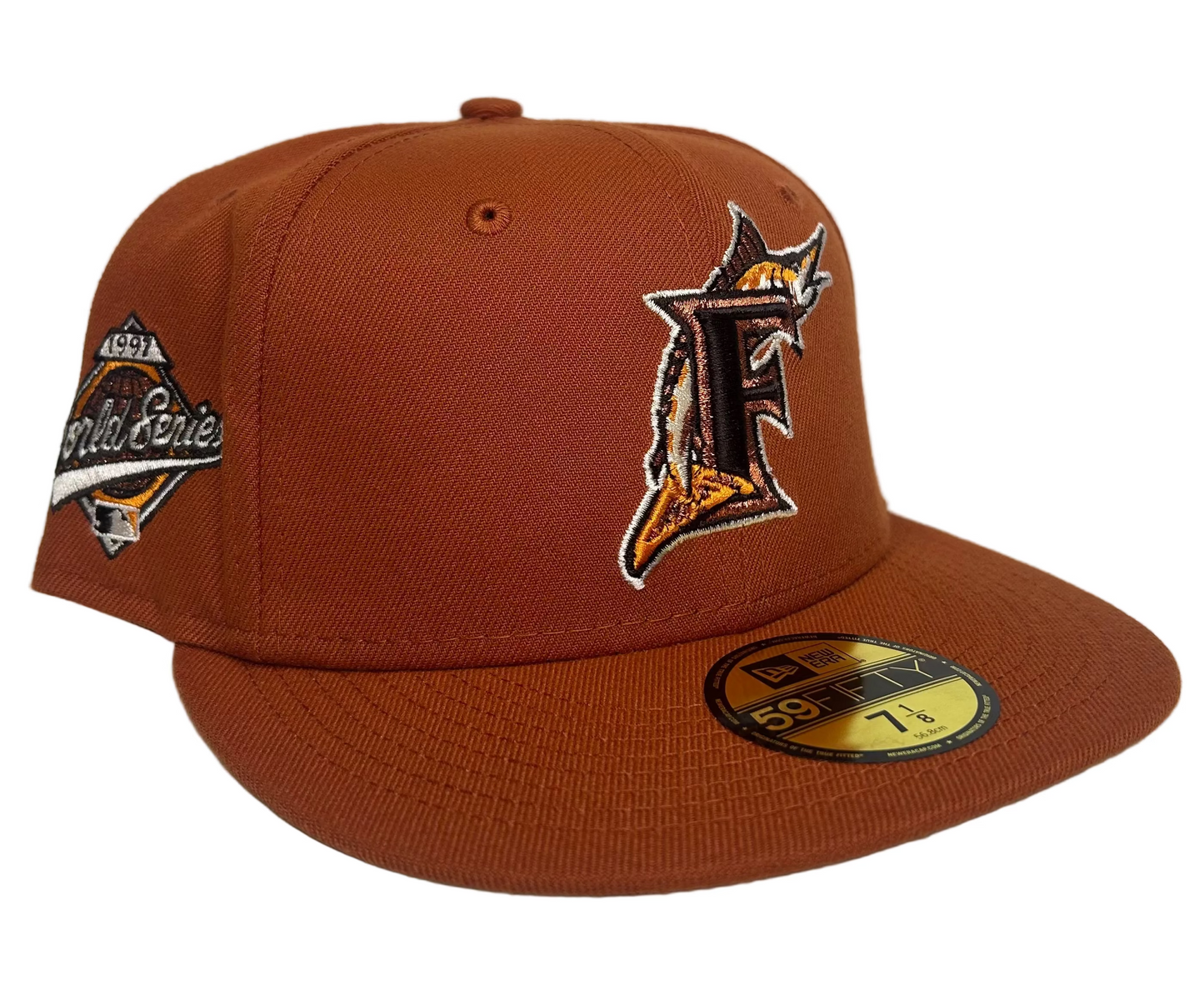 New Era Campfire Miami Marlins 1997 World Series Patch Fitted Hat in burnt orange.
