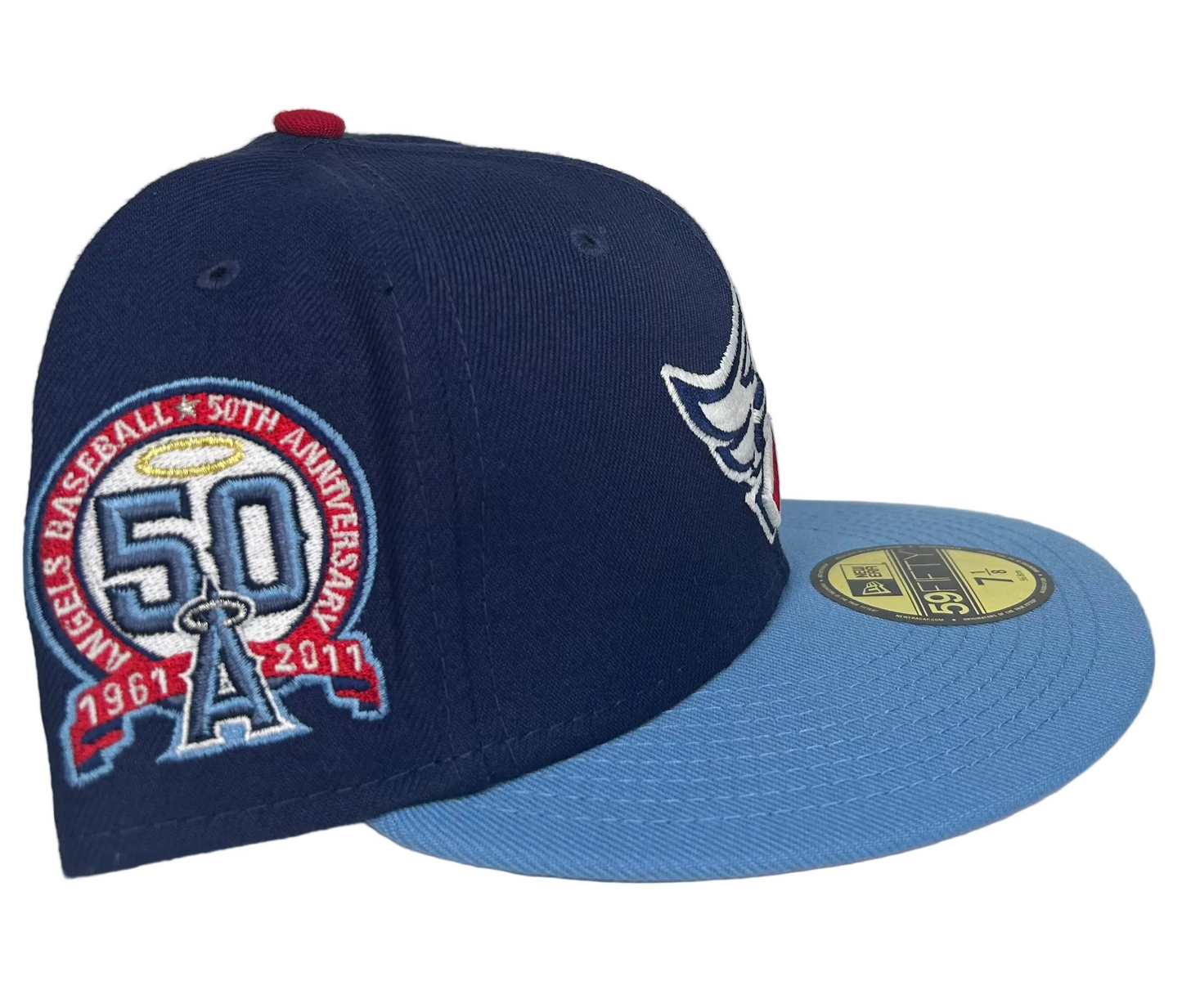 New Era 59FIFTY Los Angeles Angels fitted hat featuring a light navy crown, icy blue brim, and a 40th anniversary side patch.