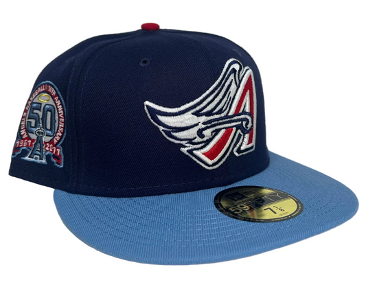 New Era 59FIFTY Los Angeles Angels fitted hat featuring a light navy crown, icy blue brim, and a 40th anniversary side patch.