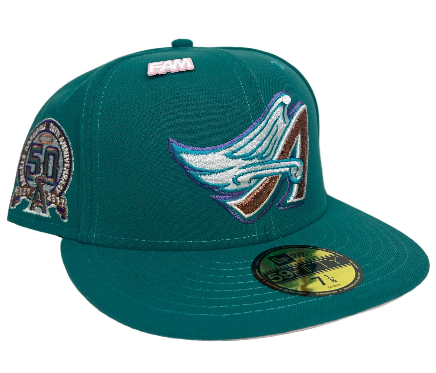 New Era Los Angeles Angels 50th Anniversary "Mango Forest" 59FIFTY fitted hat in a teal colorway.