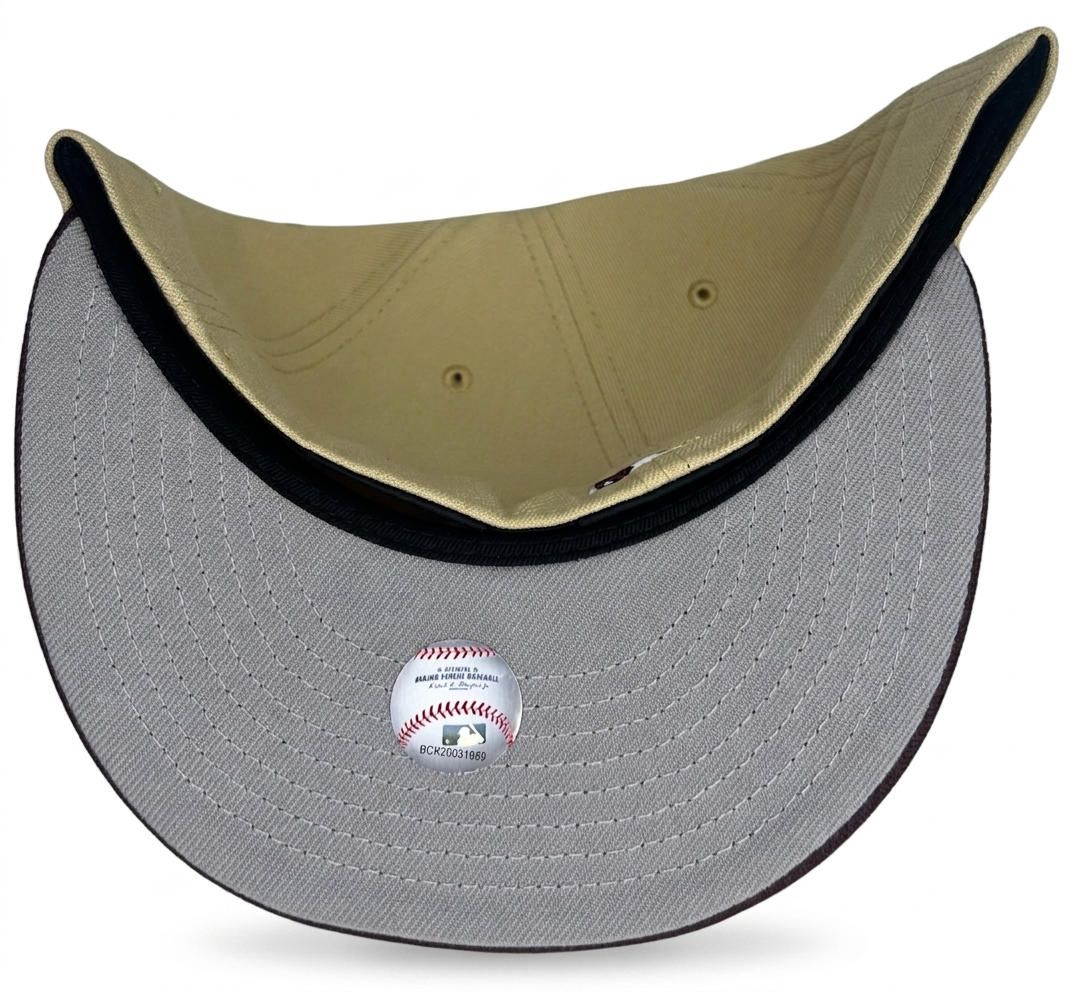 New Era Philadelphia Phillies 1996 All-Star Game 59Fifty fitted hat featuring a khaki crown, maroon visor, and gold accents.