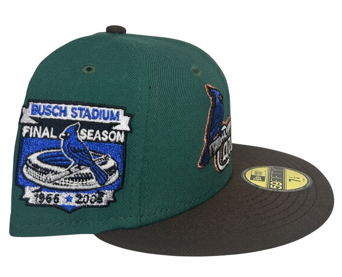 New Era St. Louis Cardinals 59FIFTY fitted hat featuring a dark green crown, a brown visor, and a 2006 Busch Stadium final season side patch.