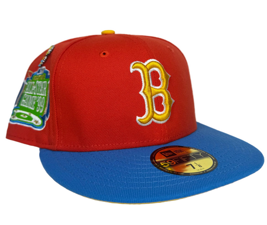New Era Boston Red Sox fitted hat, often referred to as the "Bart Simpson" inspired design due to its distinctive color scheme.