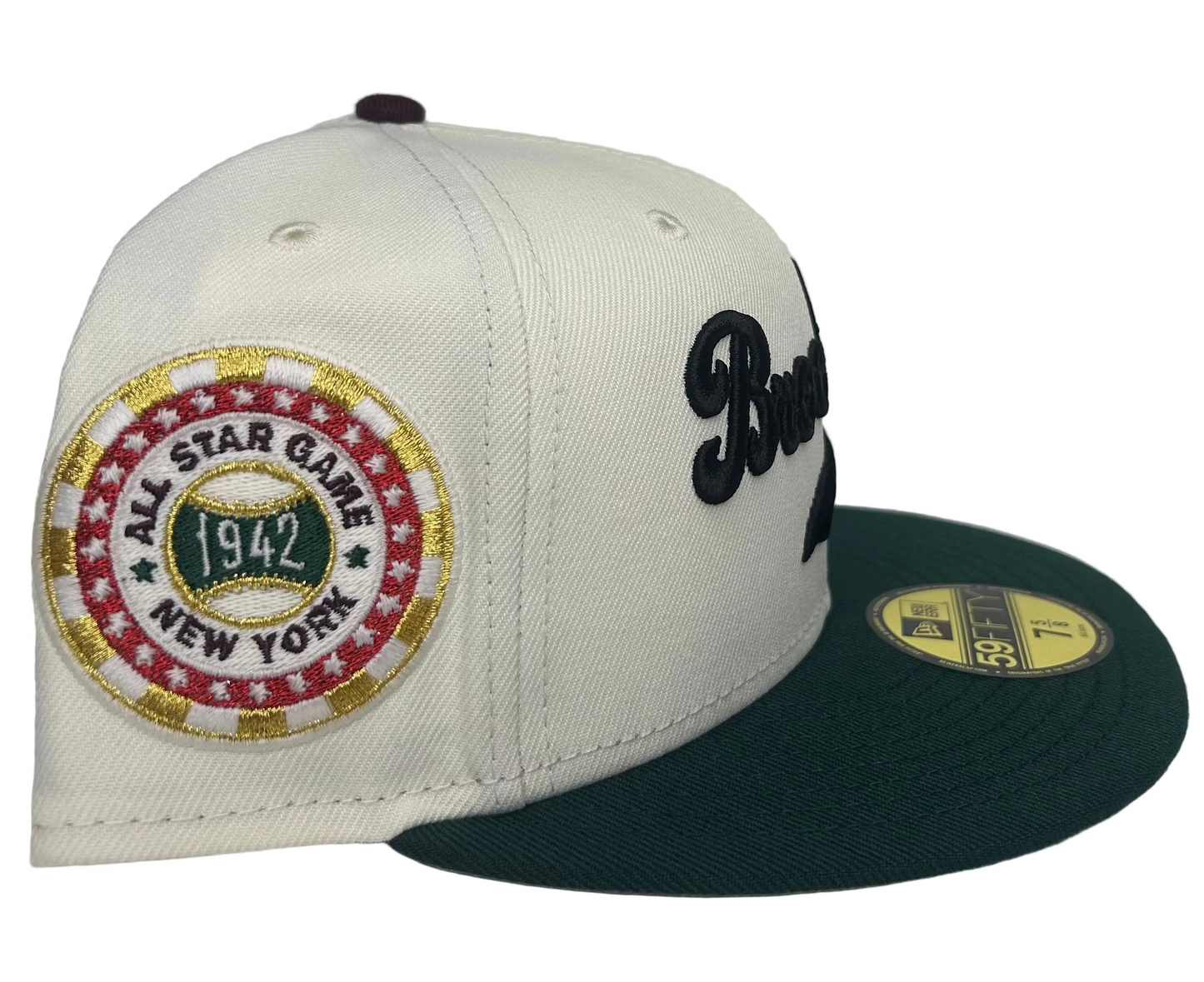 New Era Brooklyn Dodgers 1942 All-Star Game 59FIFTY fitted hat with a chrome white crown and dark green visor.