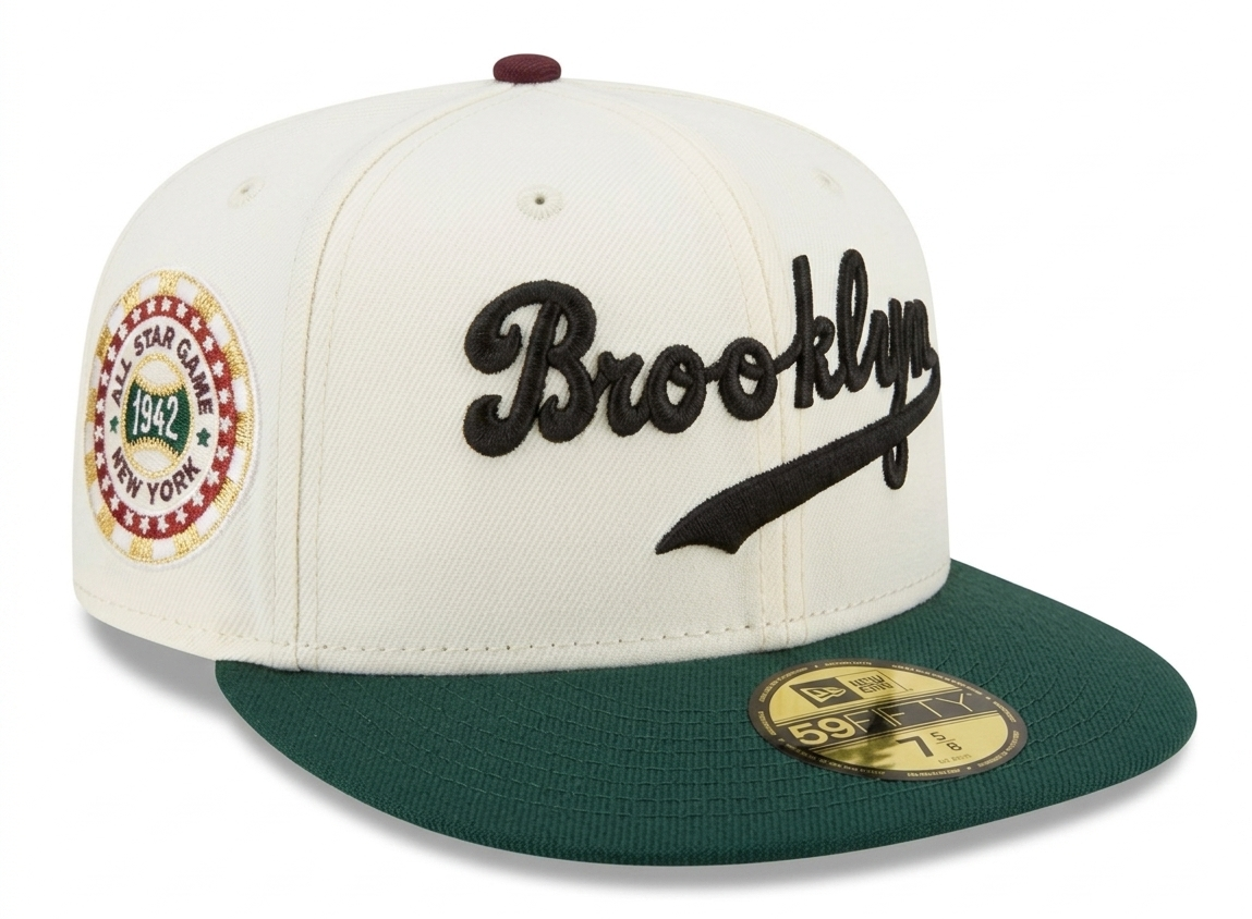 New Era Brooklyn Dodgers 1942 All-Star Game 59FIFTY fitted hat with a chrome white crown and dark green visor.