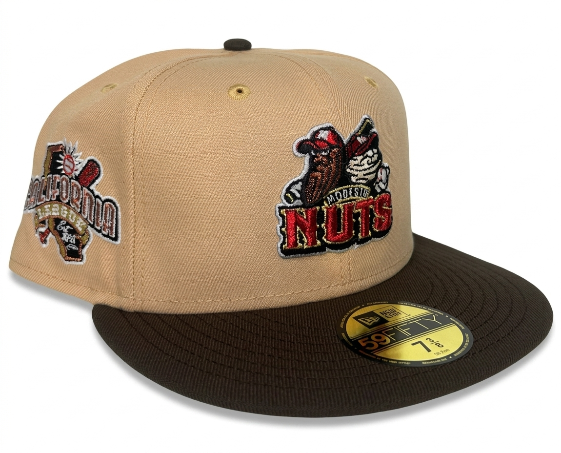 New Era Modesto Nuts Minor League Baseball 59FIFTY fitted cap featuring a khaki crown, brown visor, and a California League side patch.