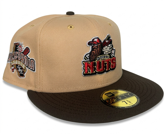 New Era Modesto Nuts Minor League Baseball 59FIFTY fitted cap featuring a khaki crown, brown visor, and a California League side patch.