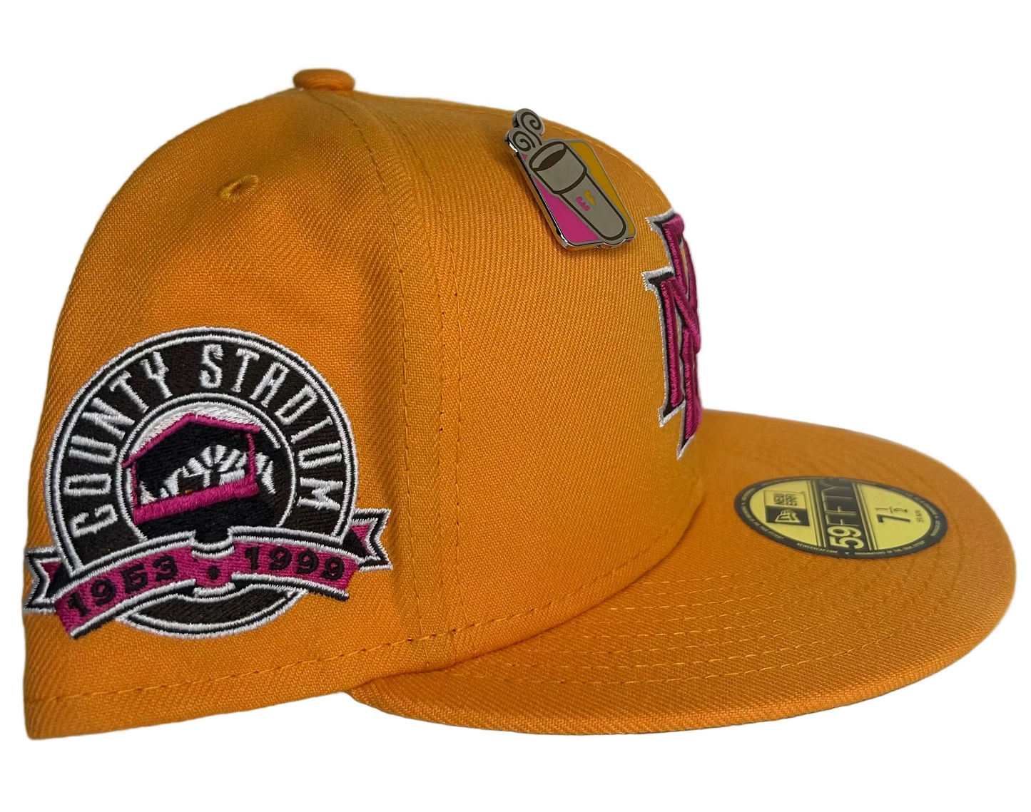 New Era Milwaukee Brewers "Dunkin Collection" 59FIFTY fitted hat features a vibrant fall orange color and a "County Stadium" side patch.