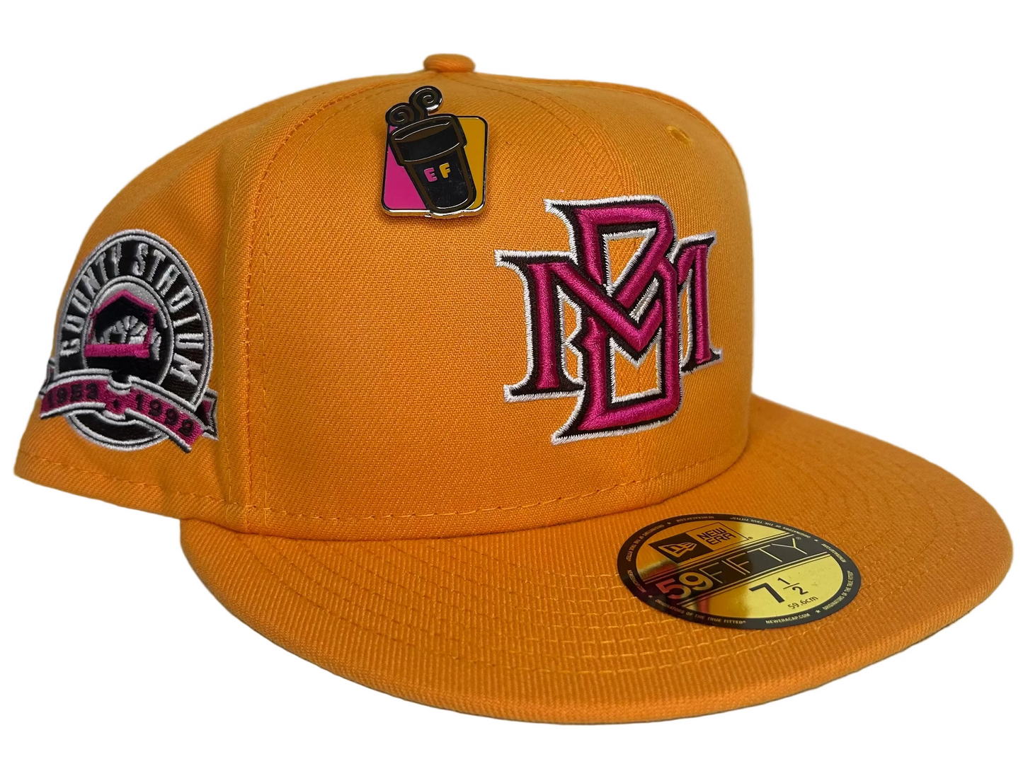 New Era Milwaukee Brewers "Dunkin Collection" 59FIFTY fitted hat features a vibrant fall orange color and a "County Stadium" side patch.