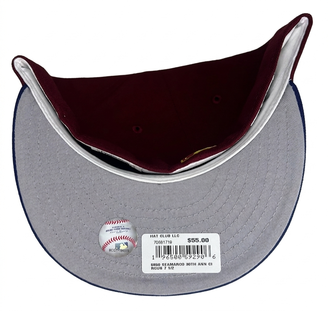 New Era Seattle Mariners Sangria Collection 59FIFTY fitted hat featuring a 30th Anniversary patch.