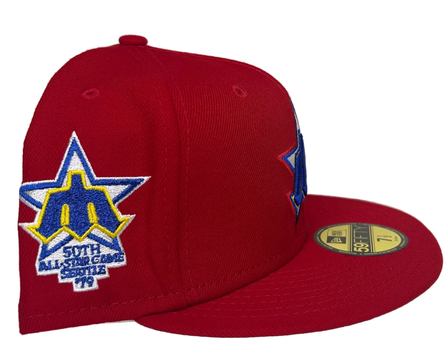 New Era 59FIFTY Seattle Mariners fitted hat features a vibrant red design with a 1979 All-Star Game side patch.