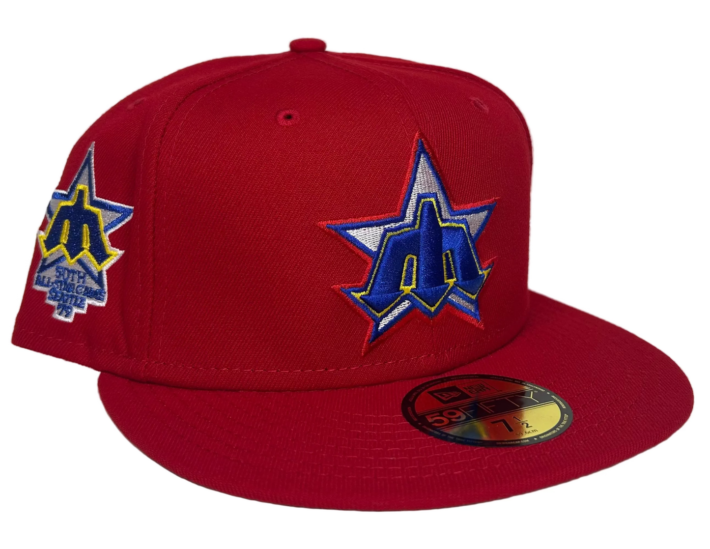 New Era 59FIFTY Seattle Mariners fitted hat features a vibrant red design with a 1979 All-Star Game side patch.