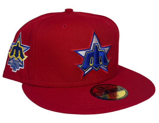New Era 59FIFTY Seattle Mariners fitted hat features a vibrant red design with a 1979 All-Star Game side patch.