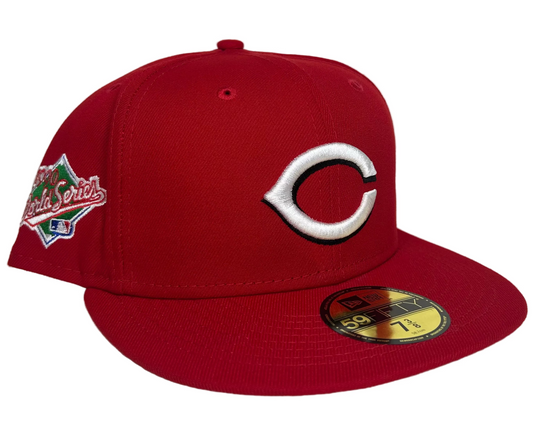 New Era 1990 World Series fitted cap featuring a prominent Cincinnati Reds "C" logo.