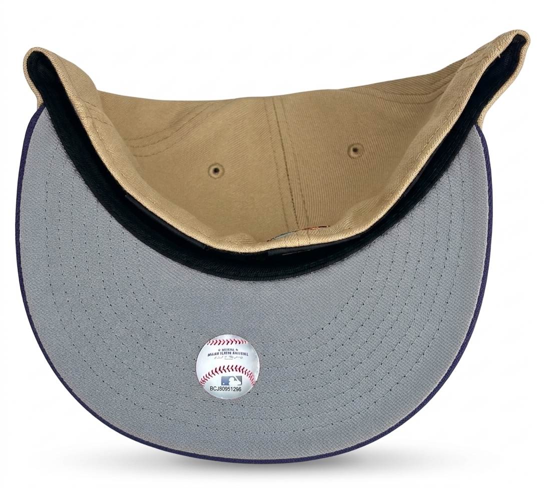 New Era New York Mets 59FIFTY fitted hat in a stone/vegas gold and navy blue colorway with a side patch, with an 1964 All-Star Game Patch.