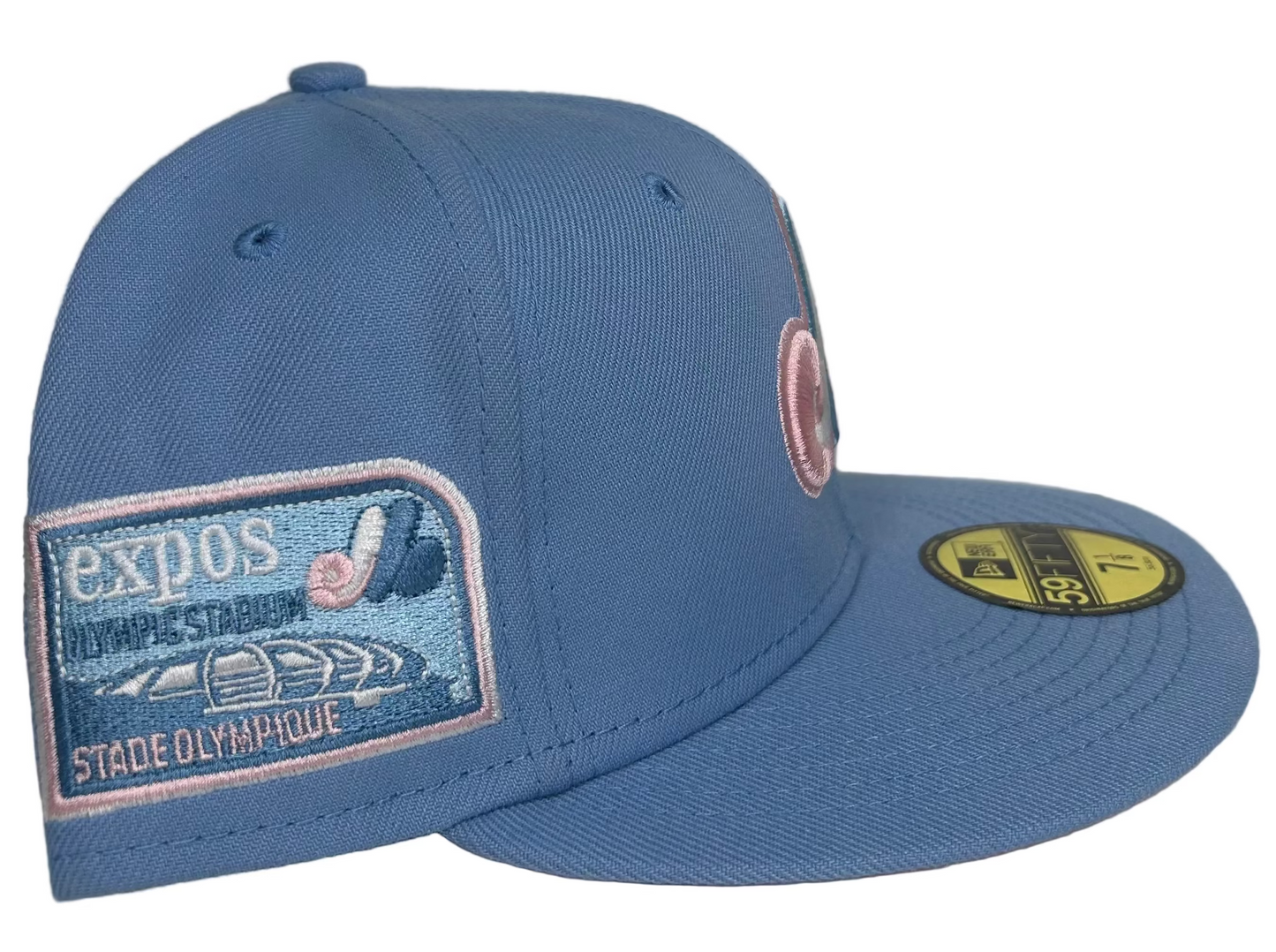 New Era Montreal Expos "Cotton Candy" 59FIFTY fitted hat features a distinctive pink undervisor.