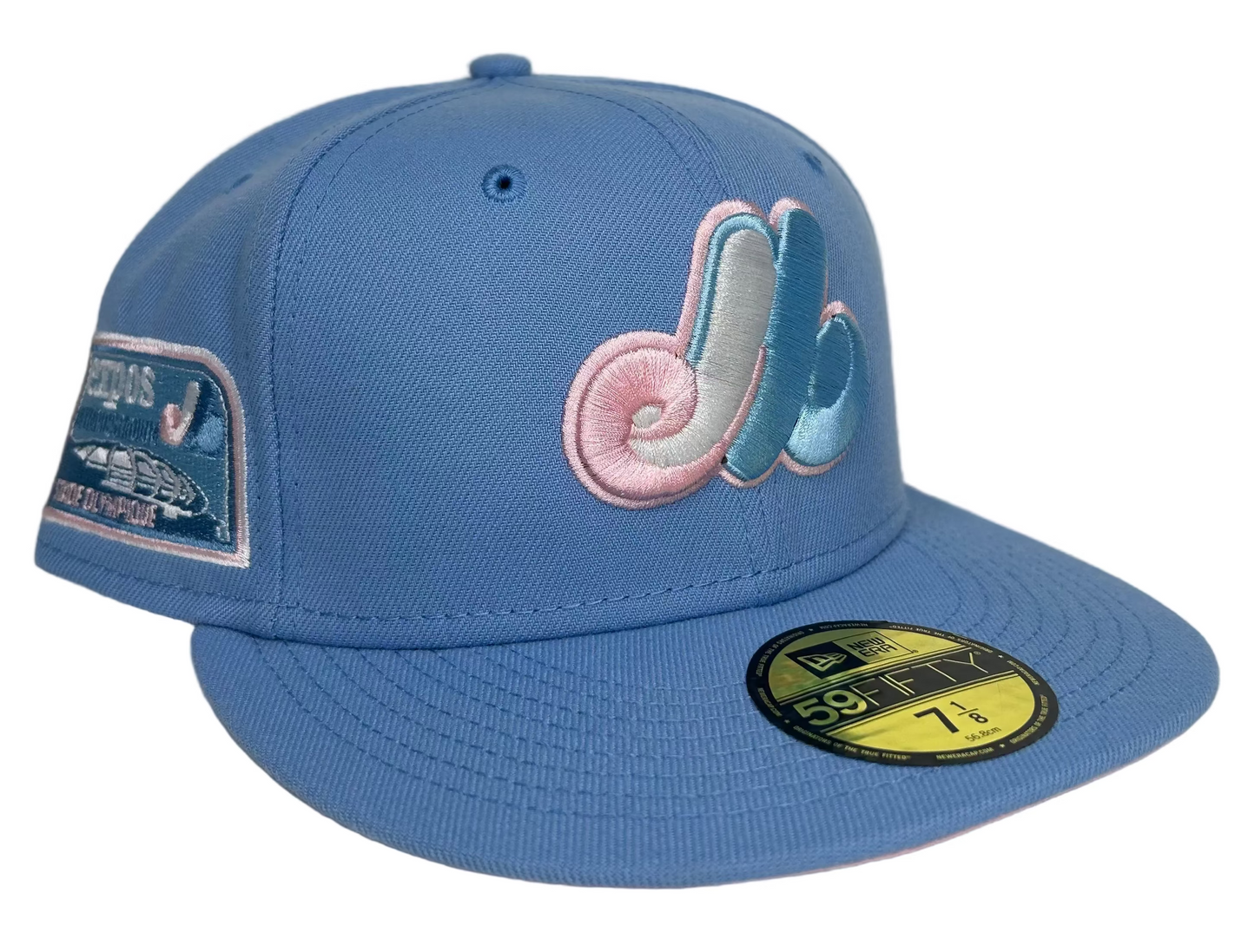 New Era Montreal Expos "Cotton Candy" 59FIFTY fitted hat features a distinctive pink undervisor.