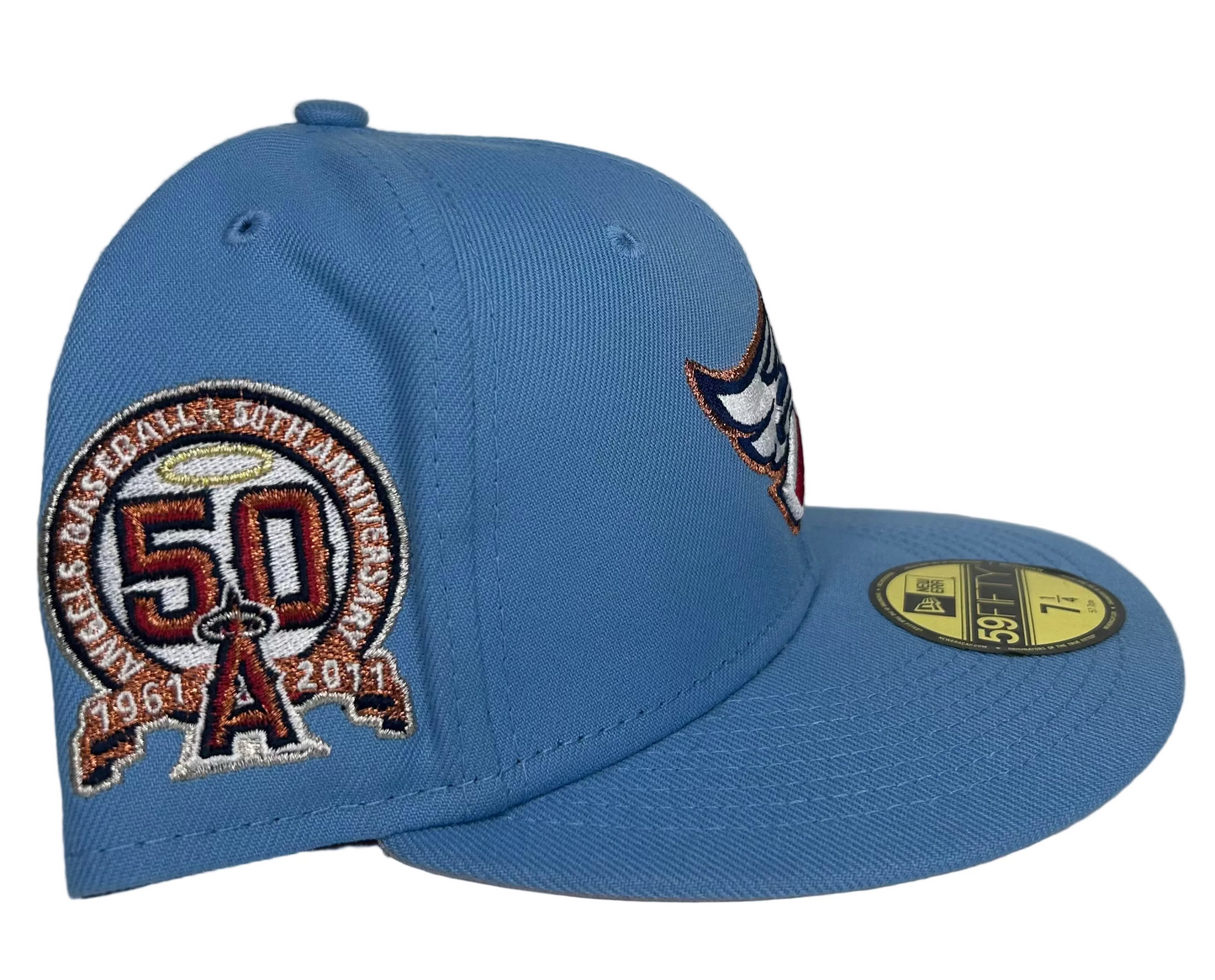 New Era Anaheim Angels 59Fifty fitted cap is featured in a light blue colorway with a 50th Anniversary side patch.