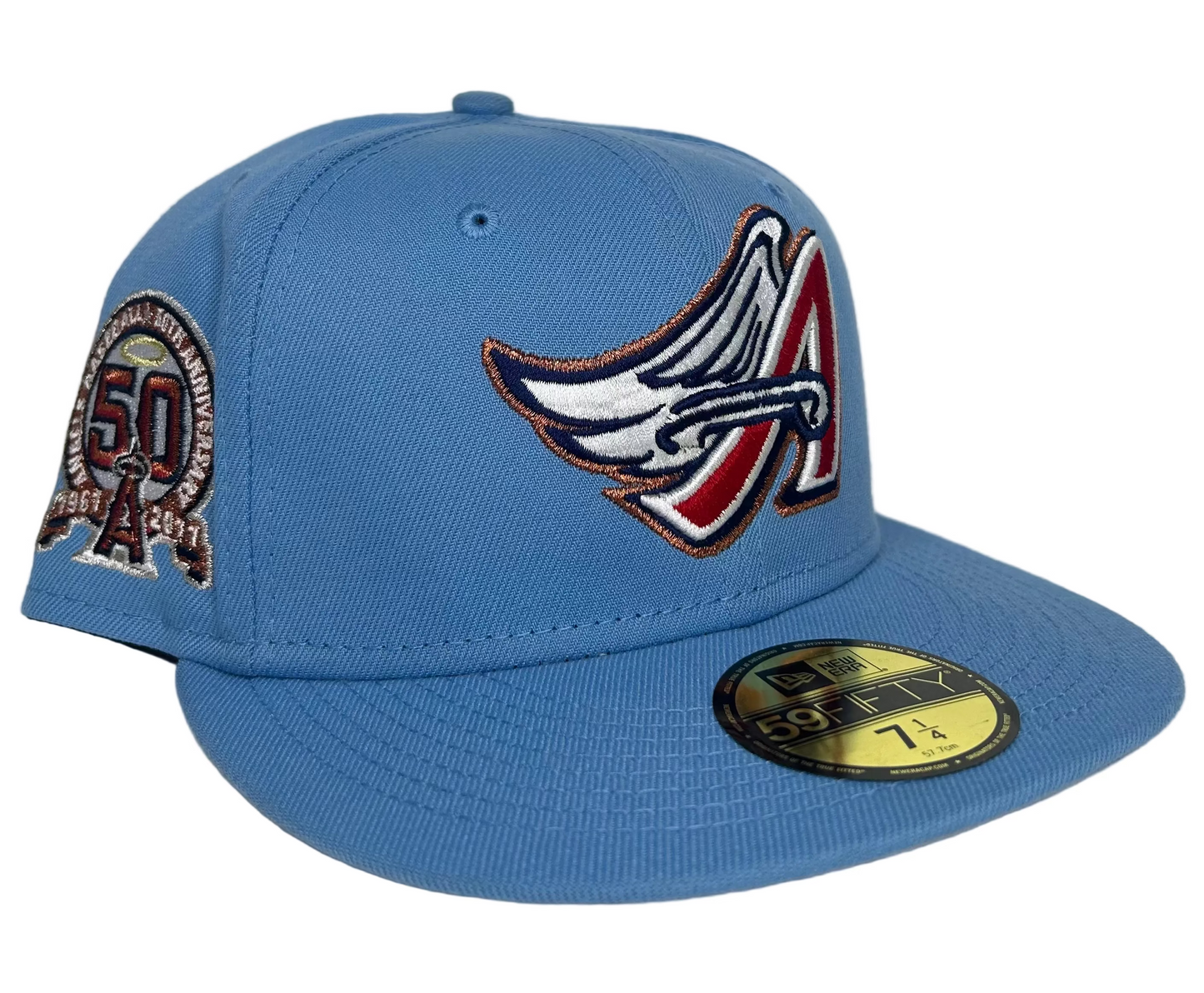 New Era Anaheim Angels 59Fifty fitted cap is featured in a light blue colorway with a 50th Anniversary side patch.