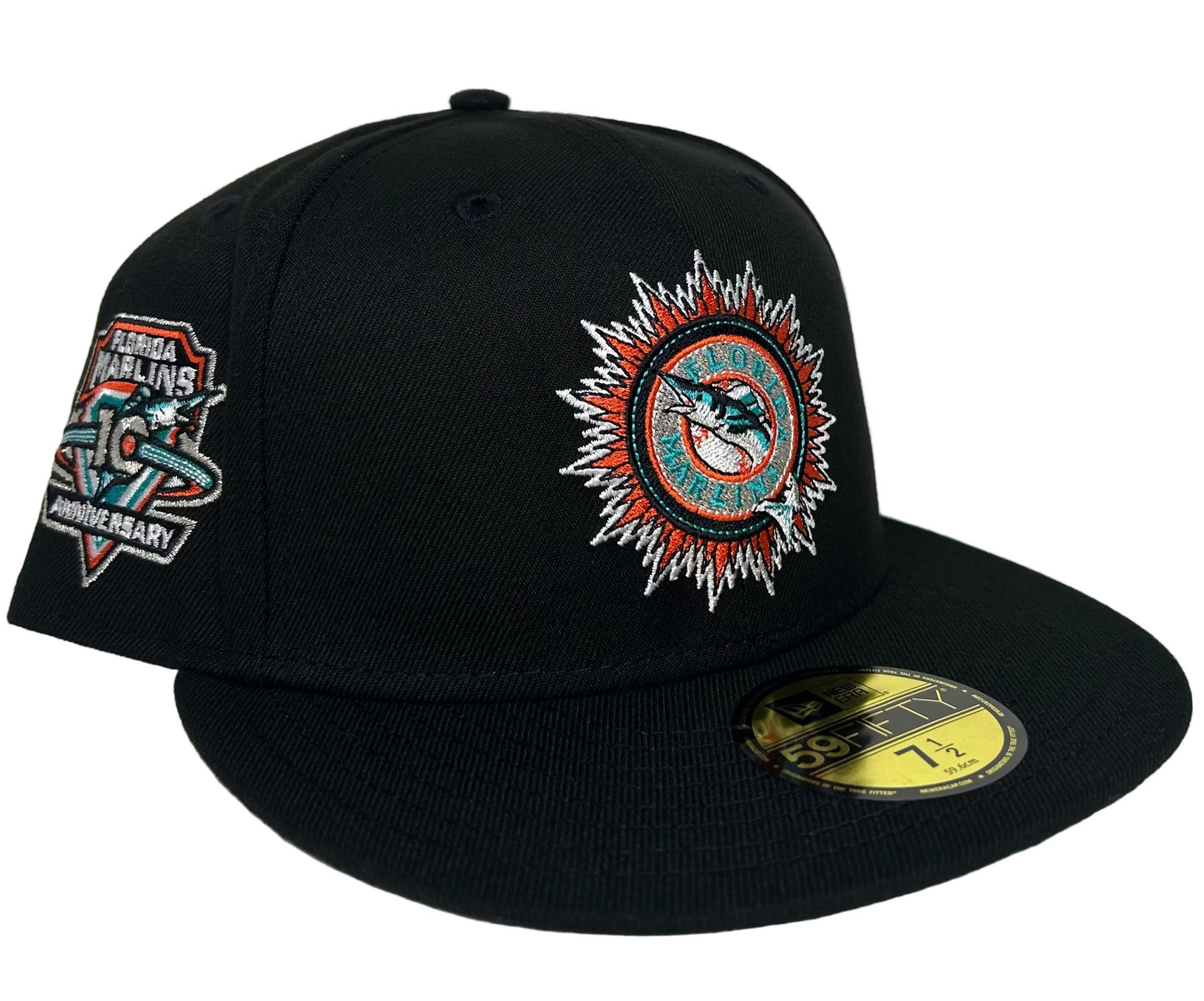 New Era 59FIFTY Florida Marlins hat features a 10th-anniversary side patch and a distinctive black crown.