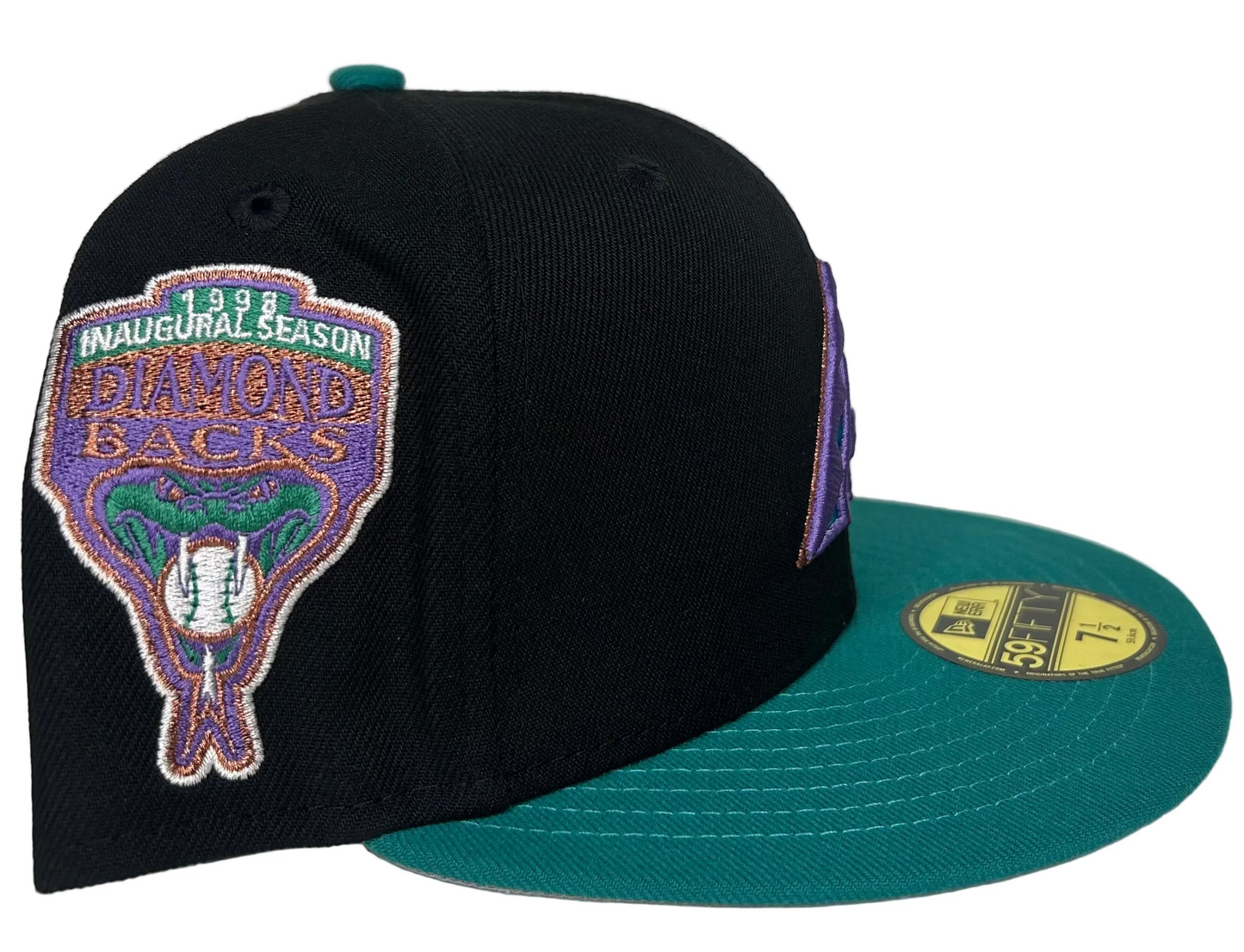 New Era Arizona Diamondbacks 59FIFTY fitted hat features a black crown, teal visor, and a special inaugural season side patch.