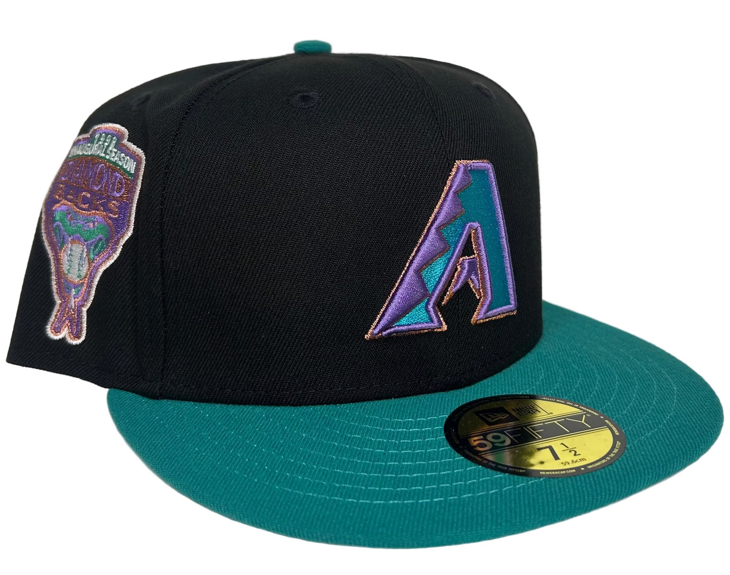 New Era Arizona Diamondbacks 59FIFTY fitted hat features a black crown, teal visor, and a special inaugural season side patch.