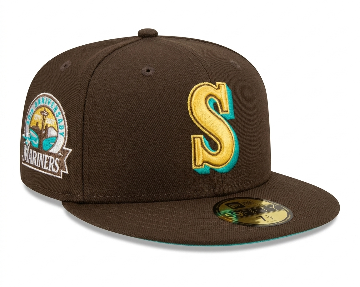 New Era Seattle Mariners fitted hat features a brown crown with a gold "S" logo outlined in teal.