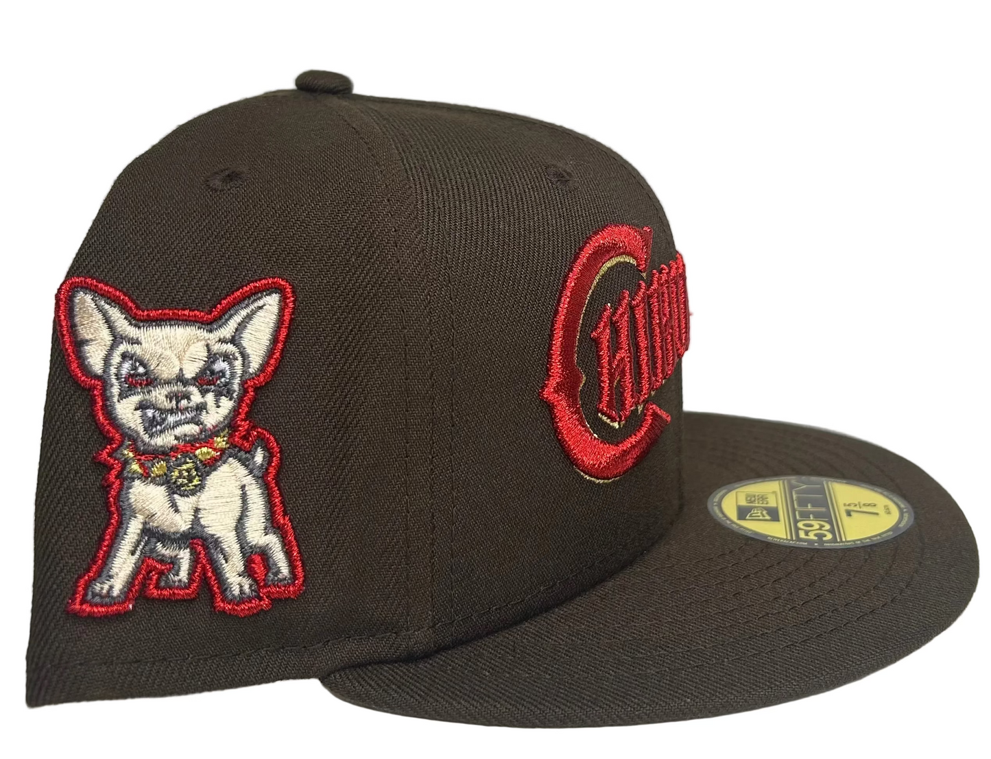 New Era El Paso Chihuahuas fitted hat features red and gold script embroidery.