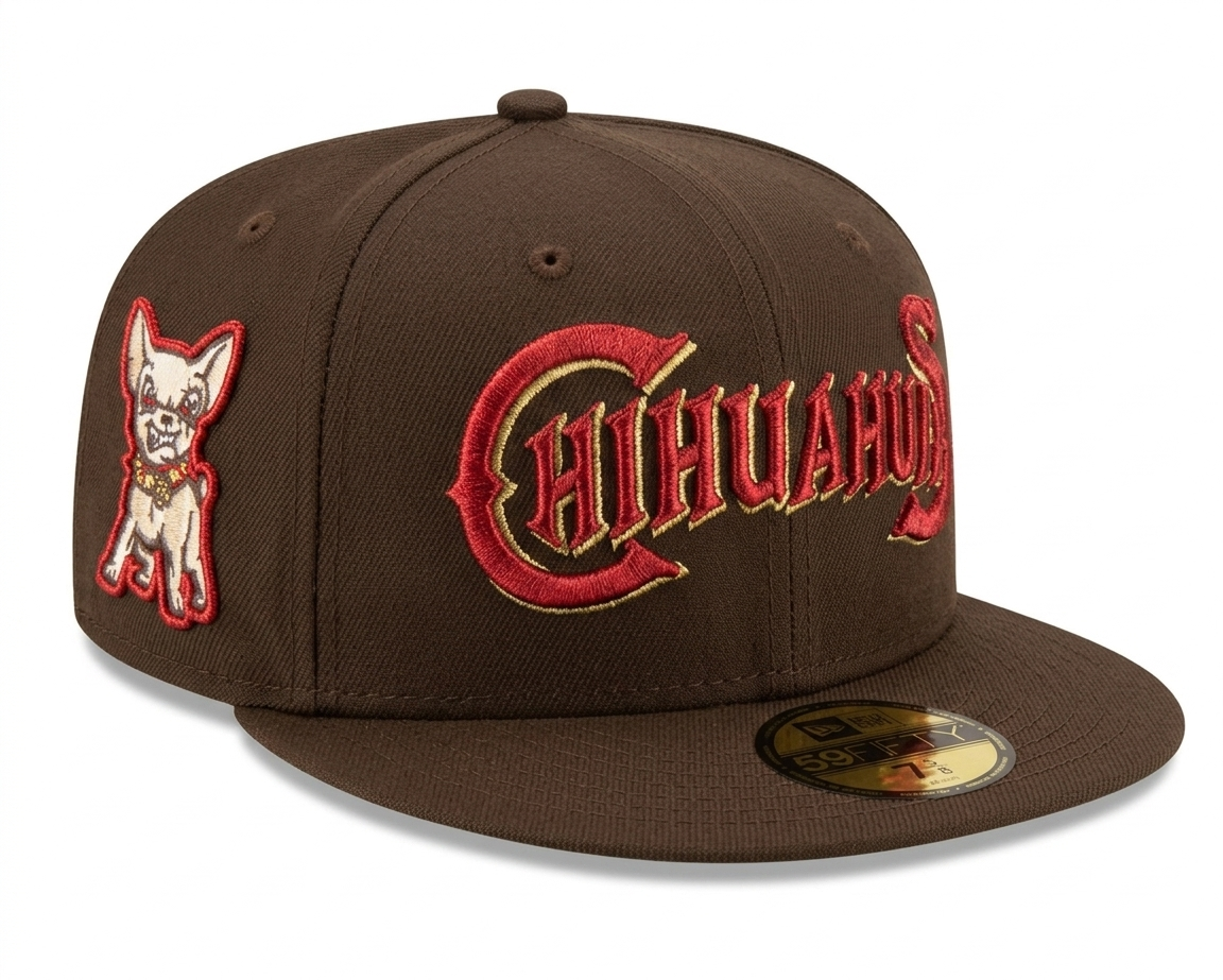 New Era El Paso Chihuahuas fitted hat features red and gold script embroidery.