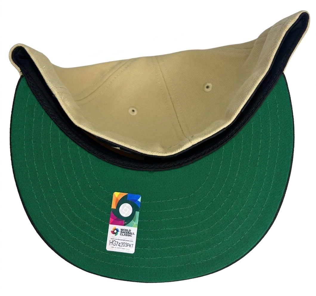 New Era 59FIFTY Mexico fitted hat features a khaki crown, black visor, and a Mexican flag patch on the side.