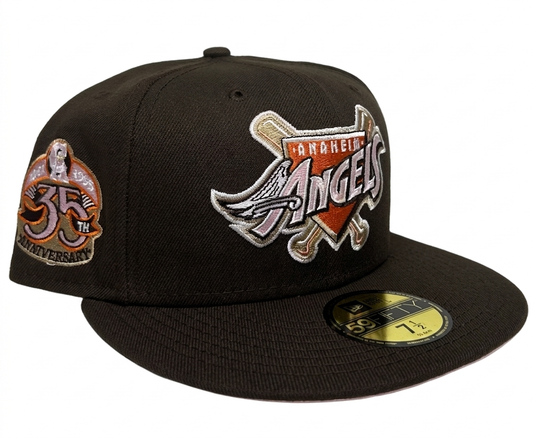 New Era 59Fifty fitted cap features a brown crown and visor with a prominent embroidered Los Angeles Angels logo and a special 35th Anniversary side patch.
