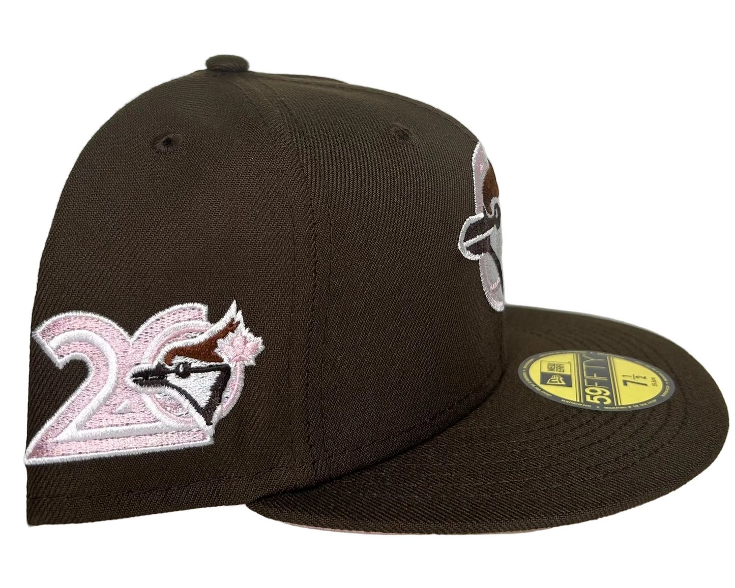 New Era Toronto Blue Jays 59FIFTY fitted hat features a dark brown crown and a side patch commemorating the team's 25th anniversary.