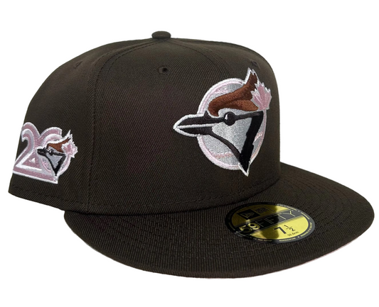 New Era Toronto Blue Jays 59FIFTY fitted hat features a dark brown crown and a side patch commemorating the team's 25th anniversary.