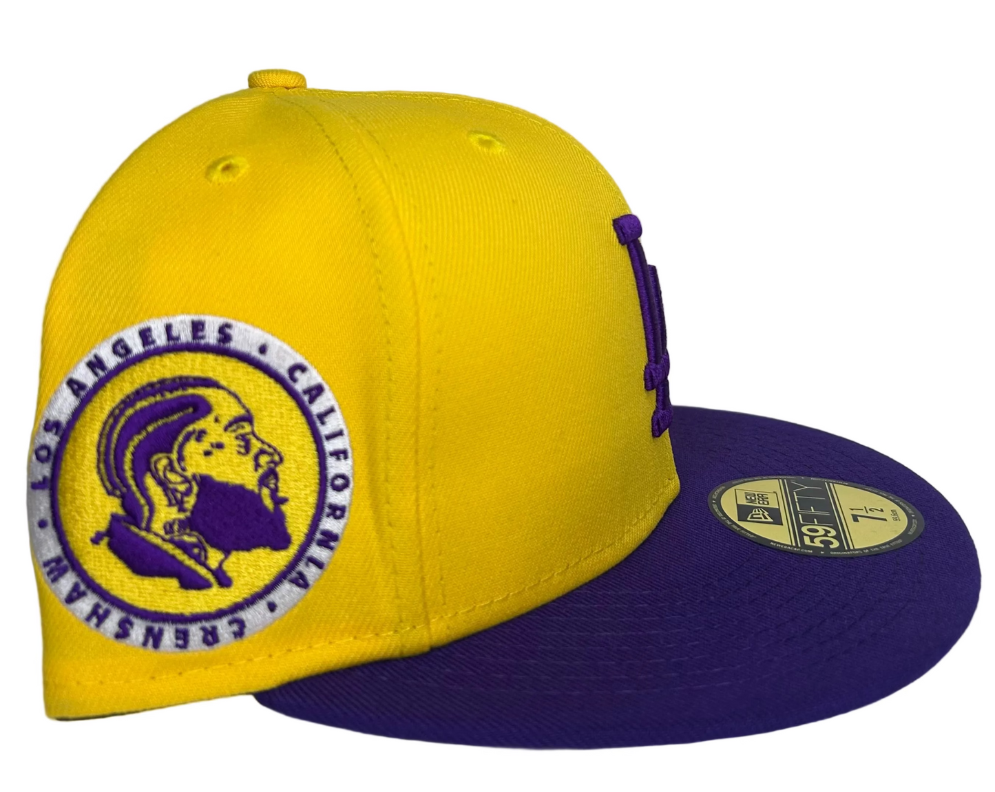 New Era 59FIFTY hat is a Los Angeles Dodgers fitted cap featuring a purple and yellow "Crossover" color.