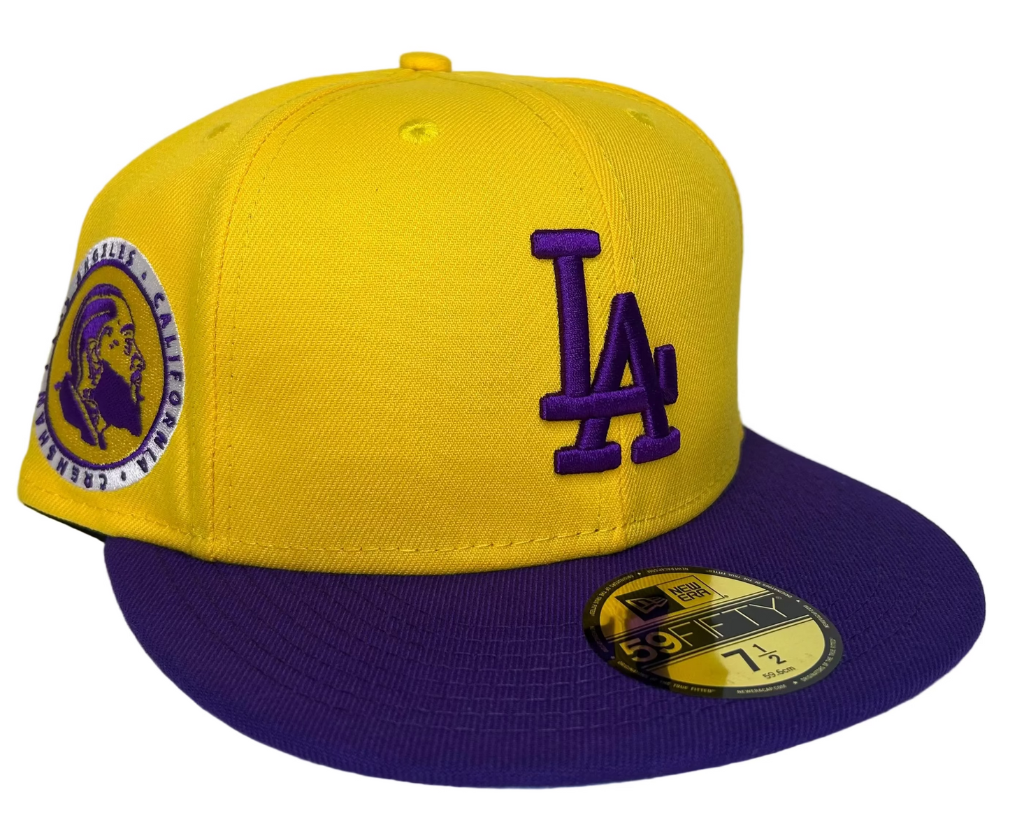 New Era 59FIFTY hat is a Los Angeles Dodgers fitted cap featuring a purple and yellow "Crossover" color.