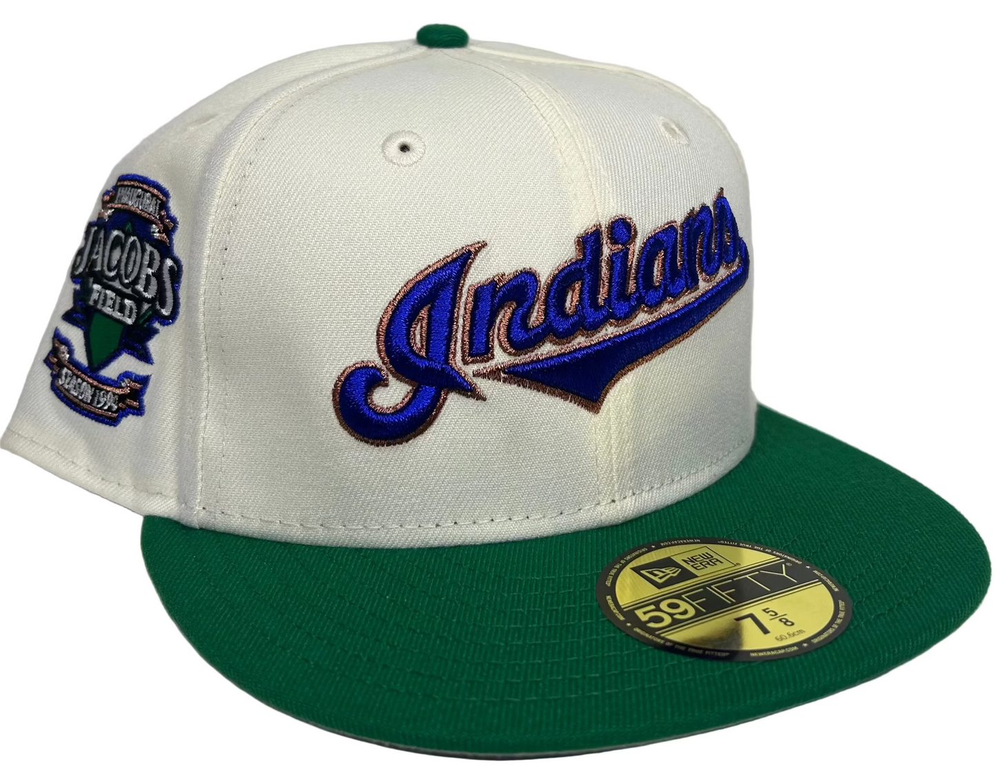 New Era Cleveland Indians 59Fifty Fitted Hat featuring a cream crown, green visor, a commemorative 1994 Jacobs Field patch.