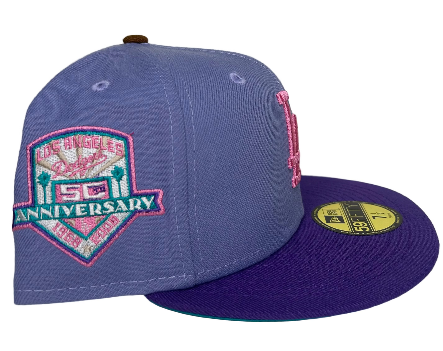 New Era Los Angeles Dodgers 59FIFTY fitted hat featuring a lavender crown and a purple visor with a 50th-anniversary patch.