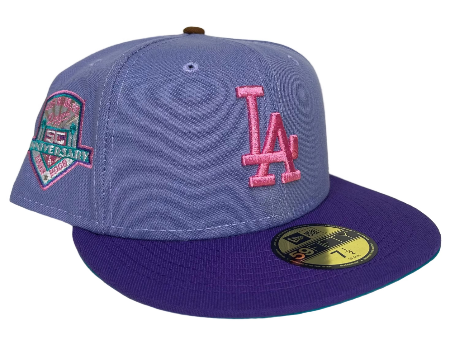 New Era Los Angeles Dodgers 59FIFTY fitted hat featuring a lavender crown and a purple visor with a 50th-anniversary patch.
