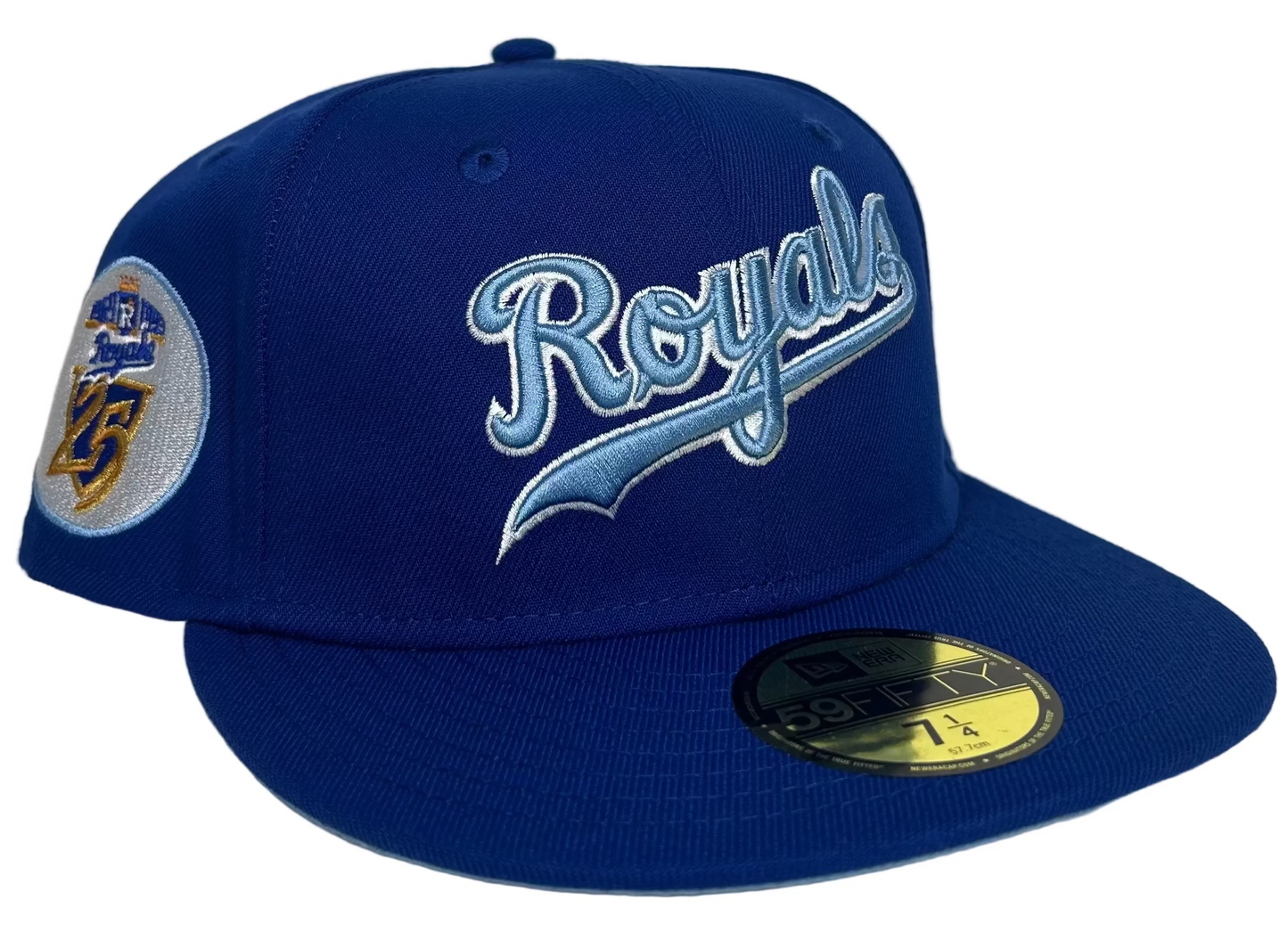 Kansas City Royals New Era 59FIFTY fitted cap features a light blue script logo against a royal blue crown and a 25th-anniversary patch.