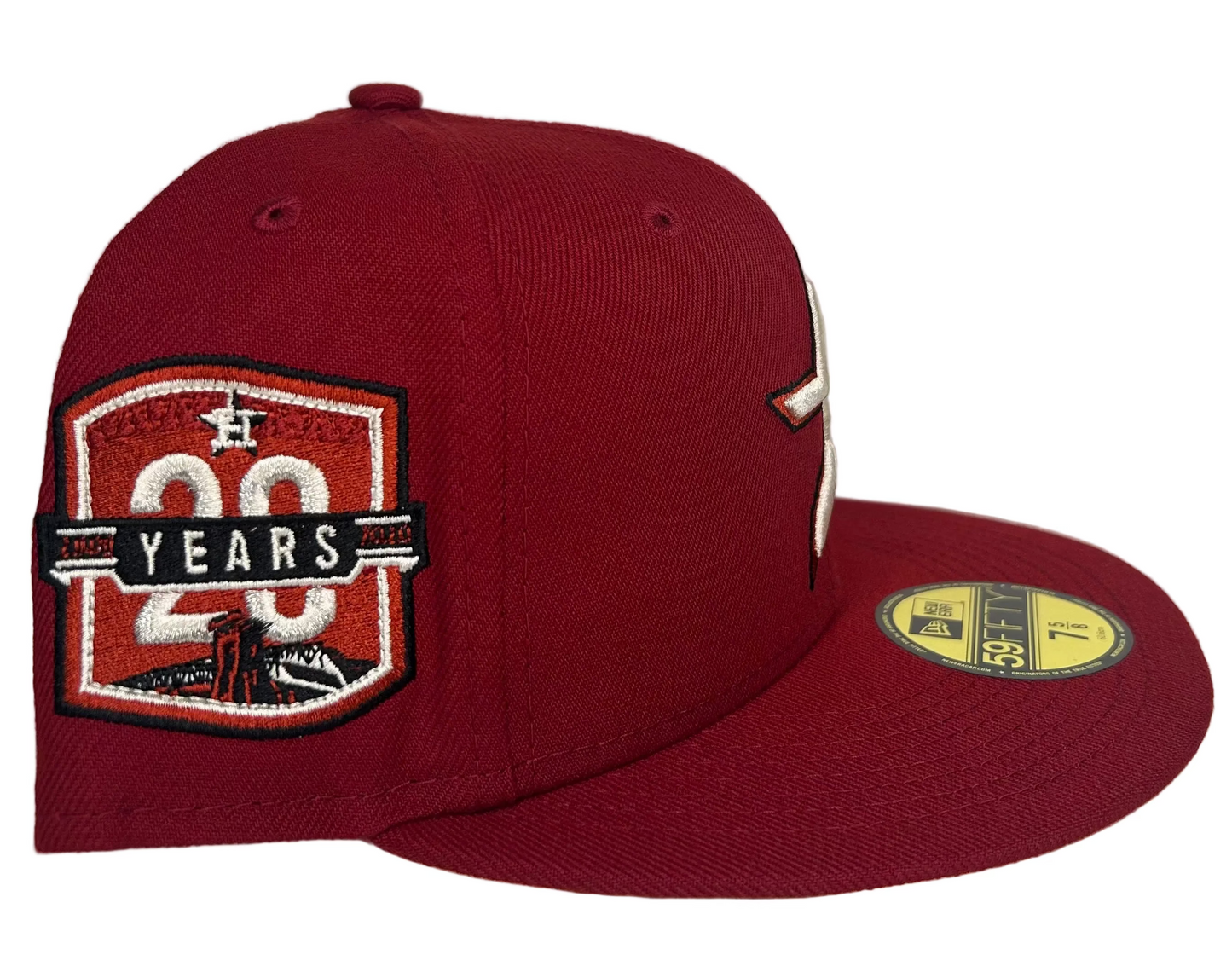 New Era 59Fifty Houston Astros hat features a brick red crown and a 20th Anniversary side patch.