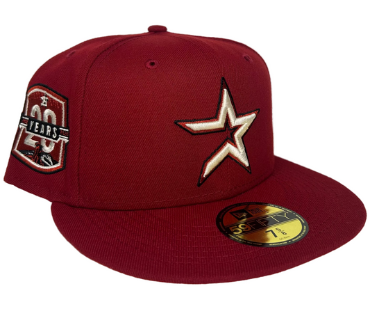 New Era 59Fifty Houston Astros hat features a brick red crown and a 20th Anniversary side patch.