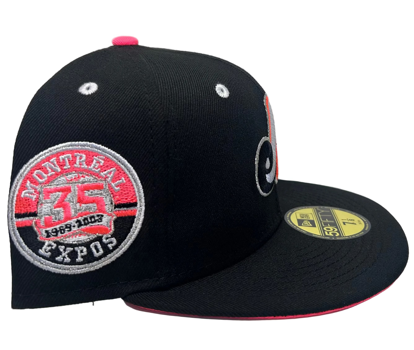 New Era Montreal Expos 59FIFTY fitted hat features a black crown with a pink under-visor and a 35th-anniversary patch.